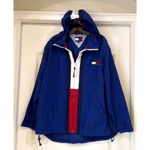 VTG Tommy Hilfiger Nautical Jacket 90s Colorblock Sz L Hooded Raincoat Full Zip*